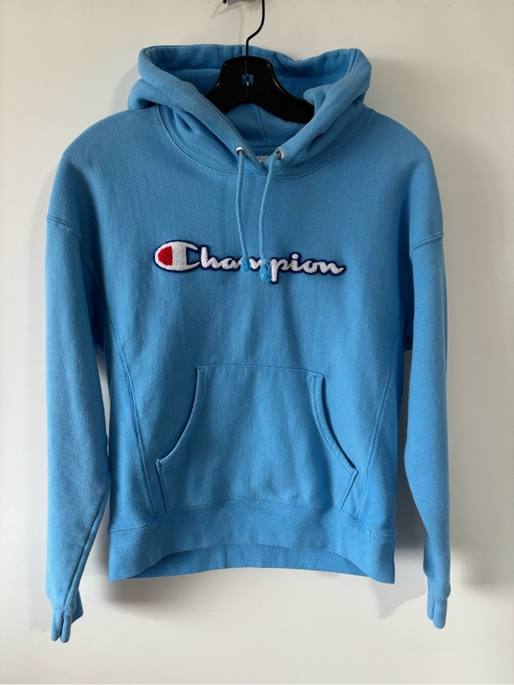 Champion reverse weave Light Blue Crewneck Hoodie with Embroidered Logo